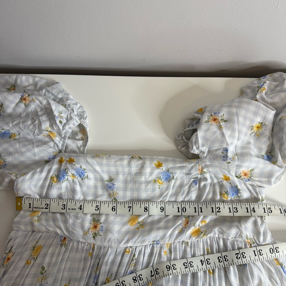 Sweet En Forme Multi Color Flowers Blue Gingham Babydoll Mini Dress Size medium - Picture 10 of 10